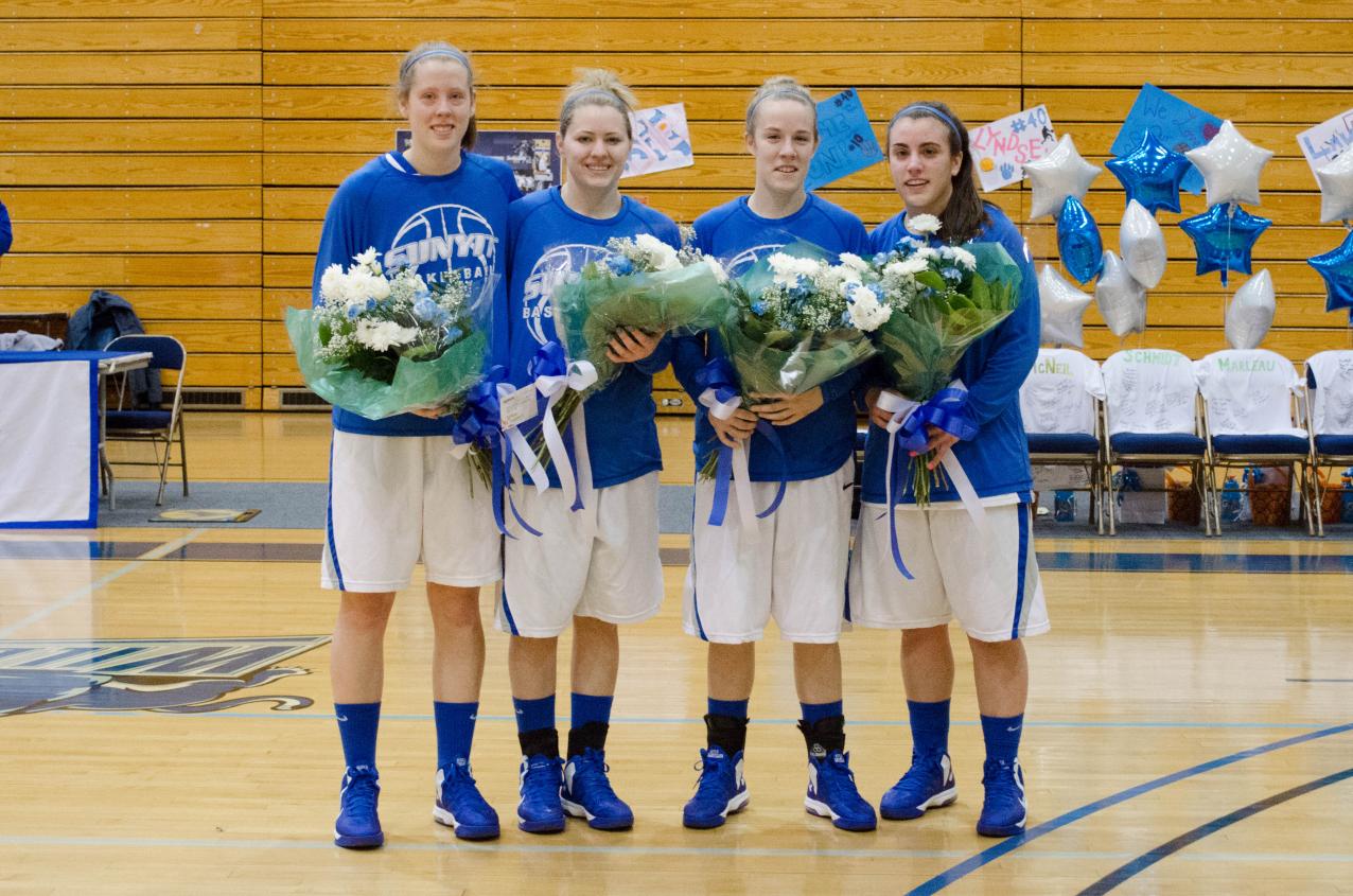 The four SUNYIT seniors on Senior Day. From left to right: Kayla McNeil, Ashley Schmidt, Lauren Marleau, and Lyndsey Brognano